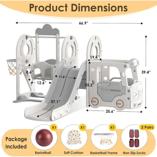 5 in 1 Toddler Slide and Swing Set, Kid Slide for Toddlers Age 1-3, Bus Themed Baby Slide with Basketball Hoop - Image 5