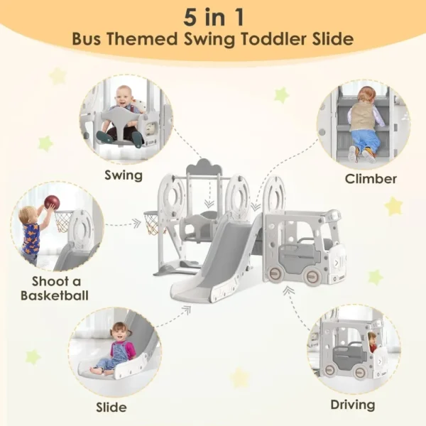 5 in 1 Toddler Slide and Swing Set, Kid Slide for Toddlers Age 1-3, Bus Themed Baby Slide with Basketball Hoop - Image 2