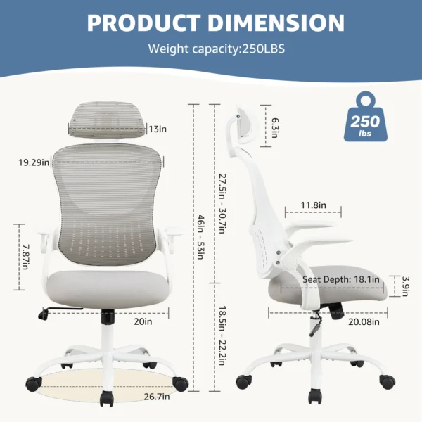 Mesh Ergonomic Office Computer Desk Chair Flip-up Arms Adjustable Headrests Comfortable Lumbar Support For Home Office - Image 3