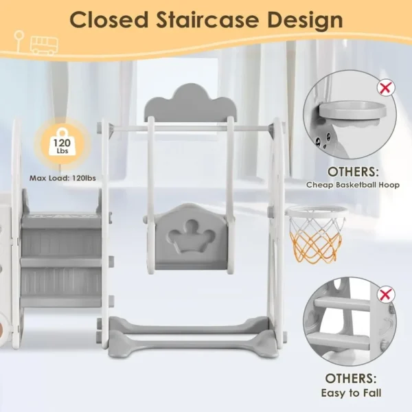 5 in 1 Toddler Slide and Swing Set, Kid Slide for Toddlers Age 1-3, Bus Themed Baby Slide with Basketball Hoop - Image 3