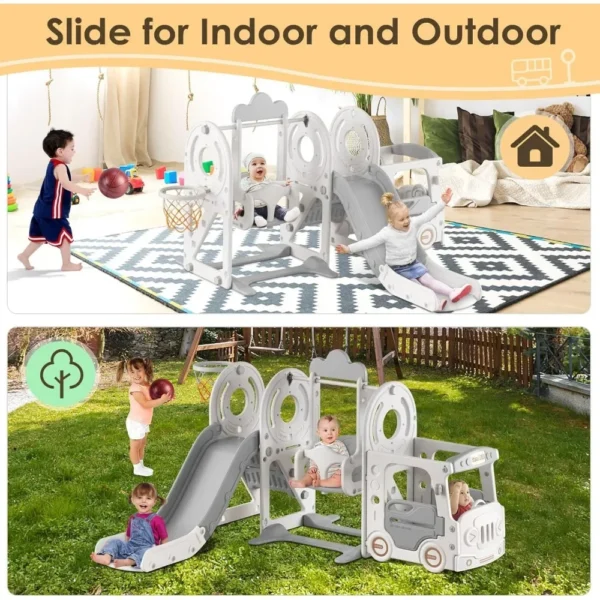 5 in 1 Toddler Slide and Swing Set, Kid Slide for Toddlers Age 1-3, Bus Themed Baby Slide with Basketball Hoop - Image 6